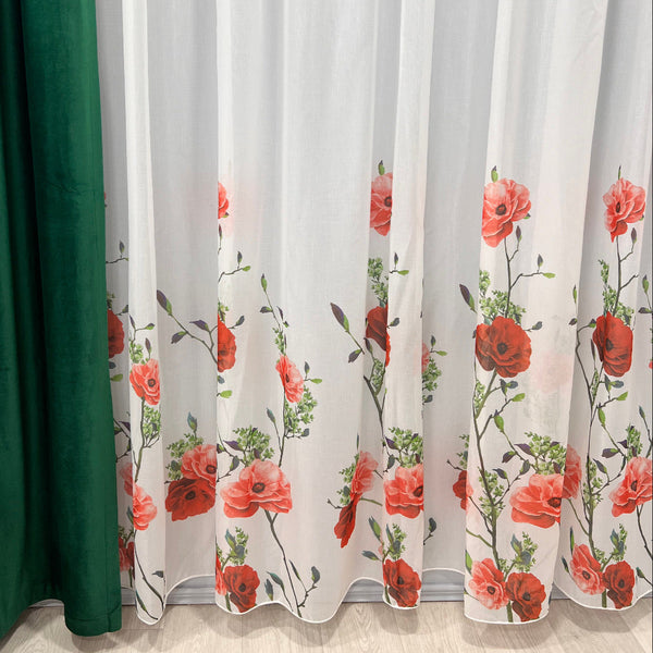 Perdea Flori Red Rose- Manopera Rejansa Simpla Inclusa - Alb