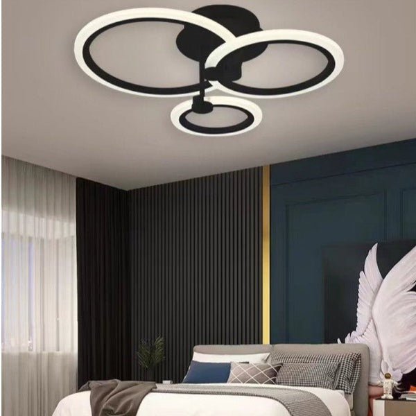 Lustra LED 3 cercuri Neagra cu Telecomanda, 3 Tipuri de Lumini si intensitate Reglabila